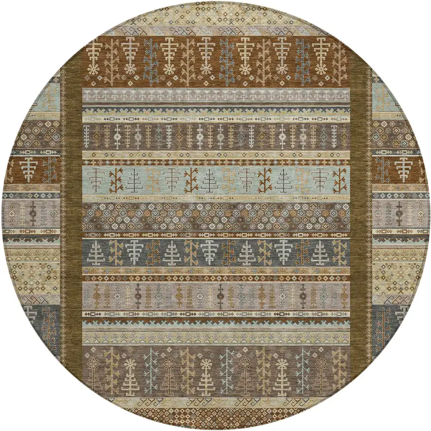8' Brown Beige And Gray Round Striped Washable Indoor Outdoor Area Rug Photo 1