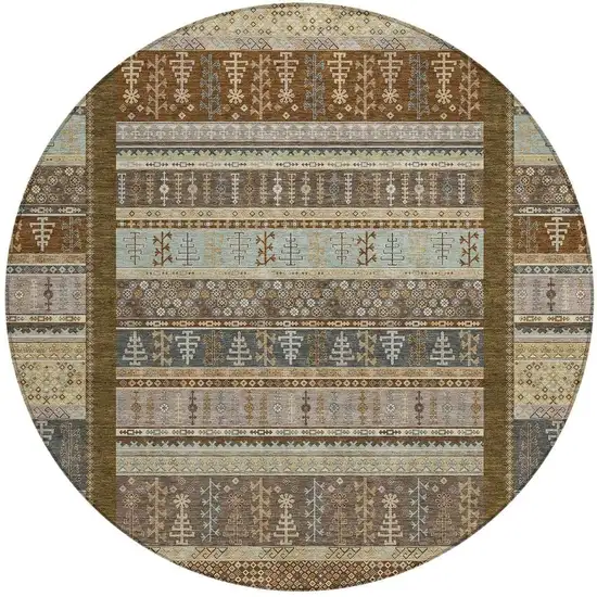 8' Brown Beige And Gray Round Striped Washable Indoor Outdoor Area Rug Photo 3