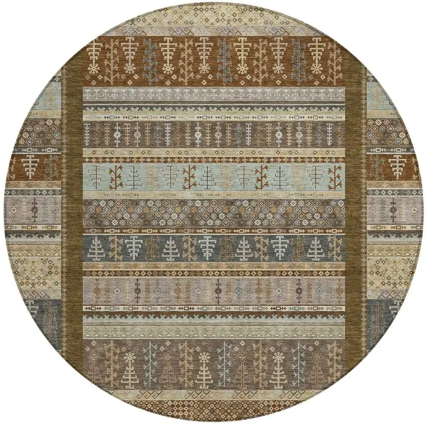 8' Brown Beige And Gray Round Striped Washable Indoor Outdoor Area Rug Photo 3