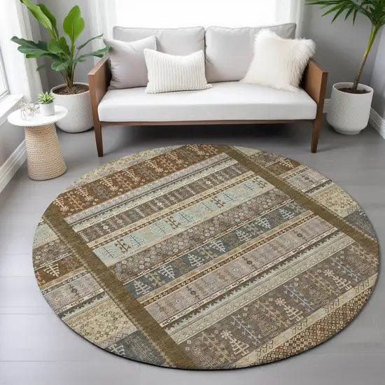8' Brown Beige And Gray Round Striped Washable Indoor Outdoor Area Rug Photo 8