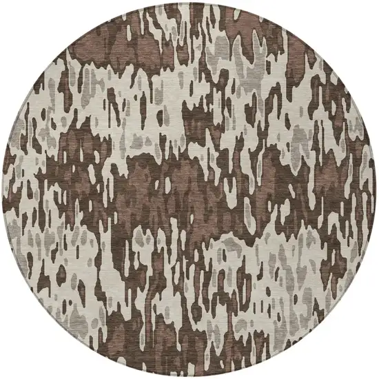 8' Brown Beige And Gray Round Striped Washable Indoor Outdoor Area Rug Photo 5