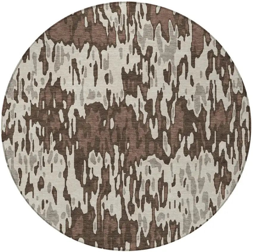 8' Brown Beige And Gray Round Striped Washable Indoor Outdoor Area Rug Photo 5