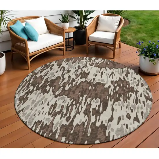 8' Brown Beige And Gray Round Striped Washable Indoor Outdoor Area Rug Photo 1