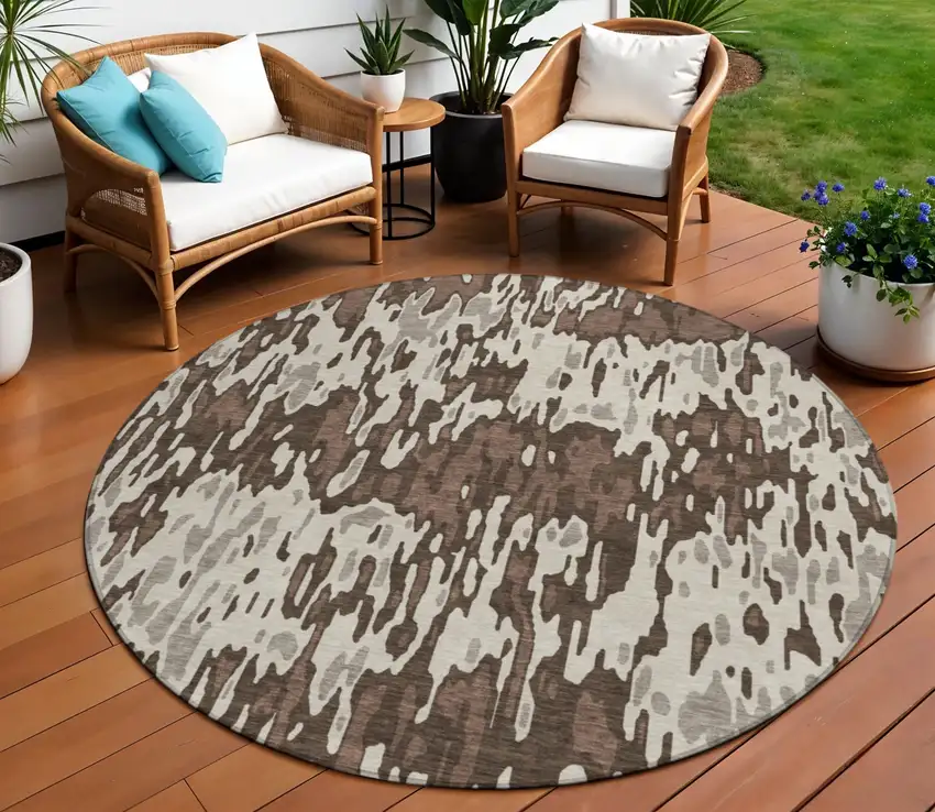8' Brown Beige And Gray Round Striped Washable Indoor Outdoor Area Rug Photo 1