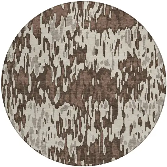 8' Brown Beige And Gray Round Striped Washable Indoor Outdoor Area Rug Photo 2