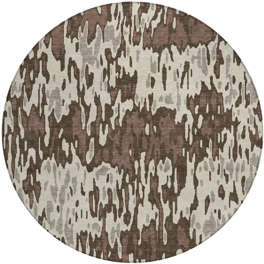 8' Brown Beige And Gray Round Striped Washable Indoor Outdoor Area Rug Photo 2