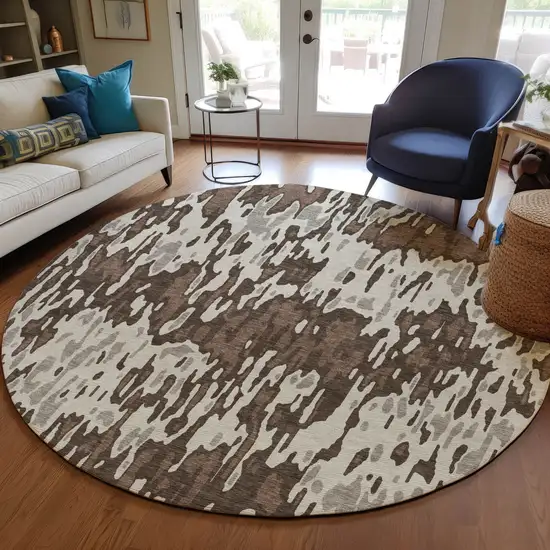 8' Brown Beige And Gray Round Striped Washable Indoor Outdoor Area Rug Photo 7