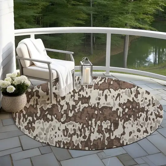8' Brown Beige And Gray Round Striped Washable Indoor Outdoor Area Rug Photo 6