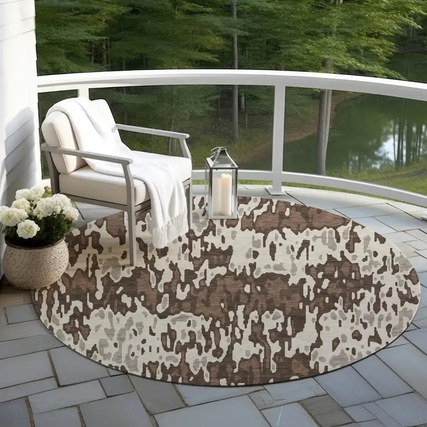 8' Brown Beige And Gray Round Striped Washable Indoor Outdoor Area Rug Photo 6