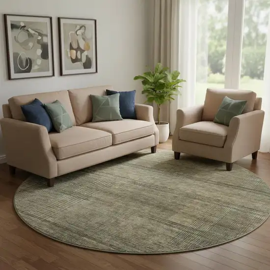 8' Brown Beige And Gray Striped Washable Round Rug With UV Protection Photo 1