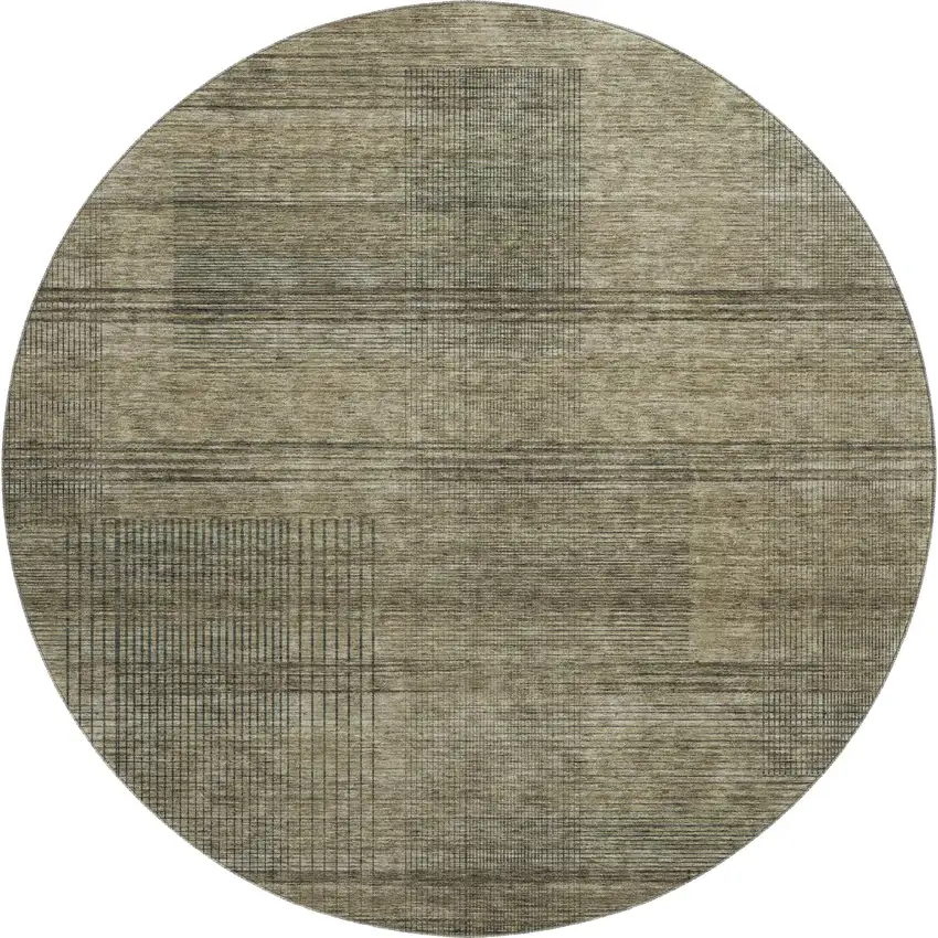 8' Brown Beige And Gray Striped Washable Round Rug With UV Protection Photo 1