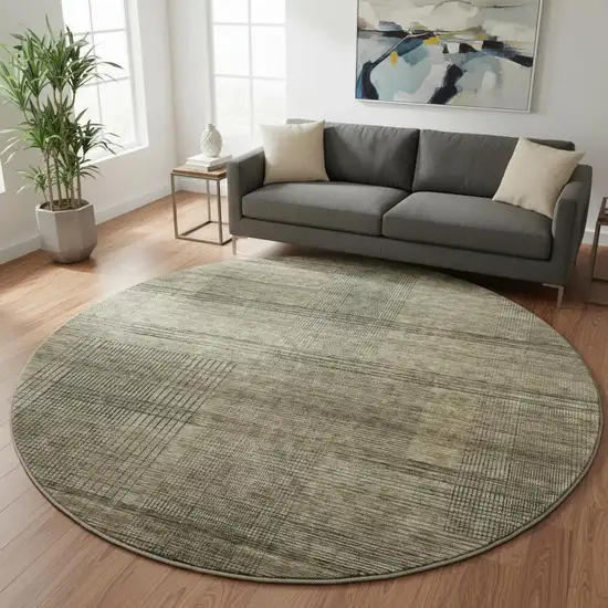 8' Brown Beige And Gray Striped Washable Round Rug With UV Protection Photo 2