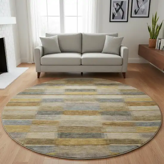 8' Brown Beige And Gray Striped Washable Round Rug With UV Protection Photo 2
