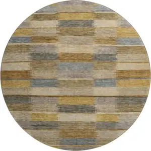 Photo of 8' Brown Beige And Gray Striped Washable Round Rug With UV Protection