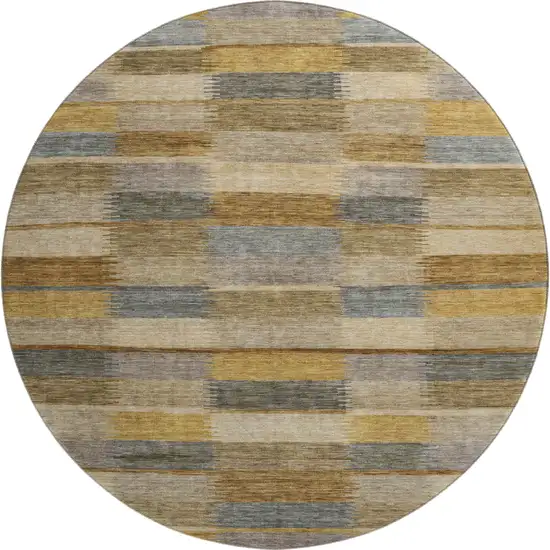 8' Brown Beige And Gray Striped Washable Round Rug With UV Protection Photo 1