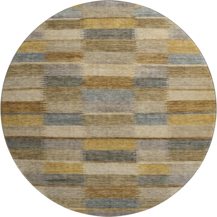8' Brown Beige And Gray Striped Washable Round Rug With UV Protection Photo 1
