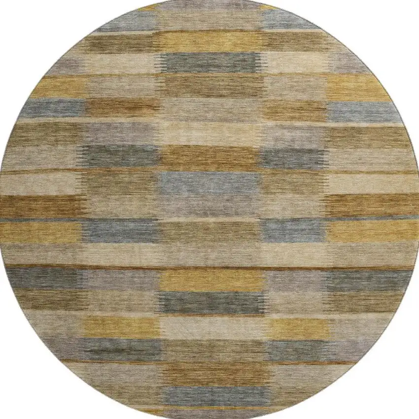 8' Brown Beige And Gray Striped Washable Round Rug With UV Protection Photo 3