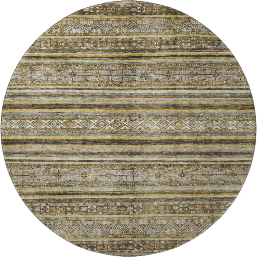 8' Brown Beige And Gray Striped Washable Round Rug With UV Protection Photo 3