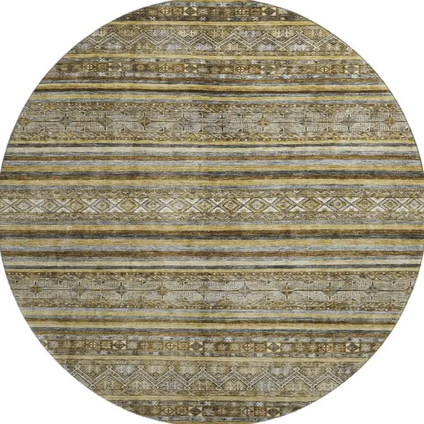 8' Brown Beige And Gray Striped Washable Round Rug With UV Protection Photo 2