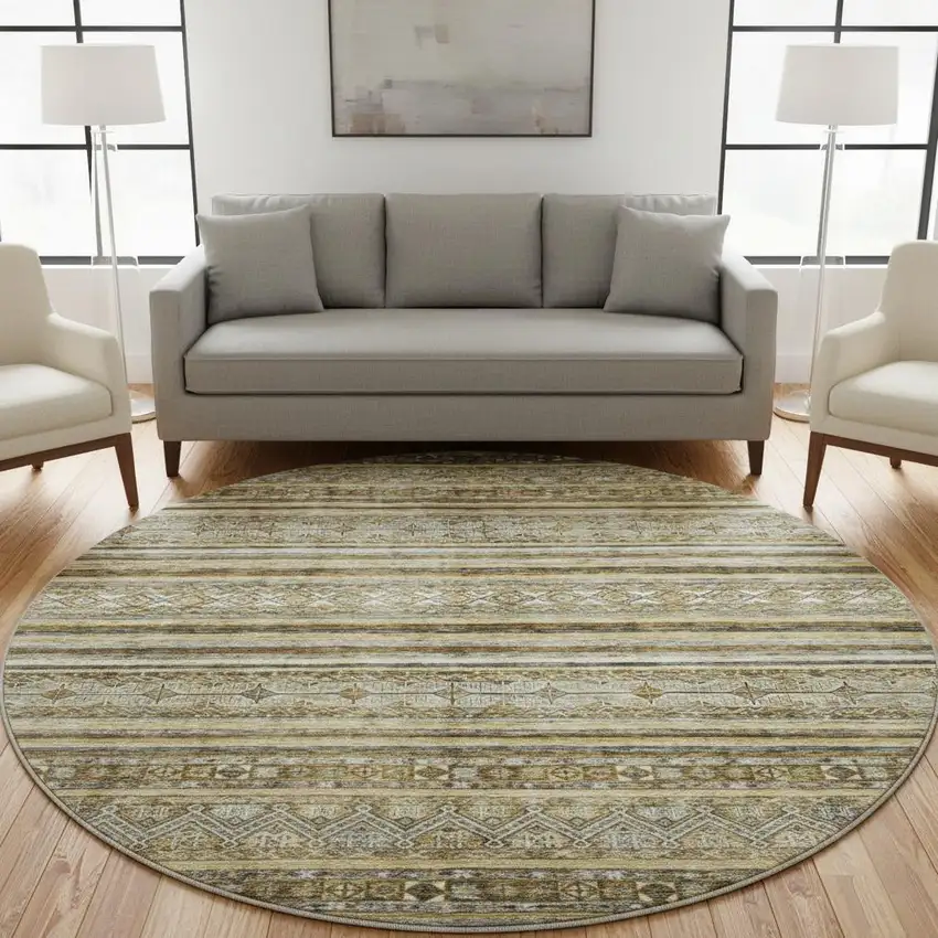 8' Brown Beige And Gray Striped Washable Round Rug With UV Protection Photo 2