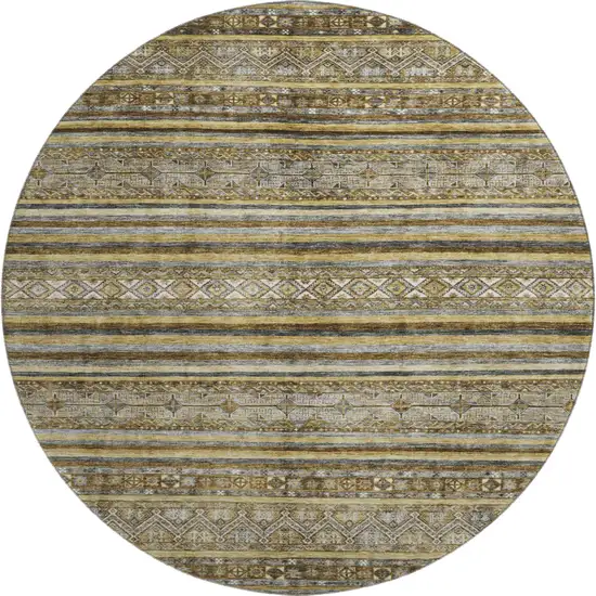 8' Brown Beige And Gray Striped Washable Round Rug With UV Protection Photo 1