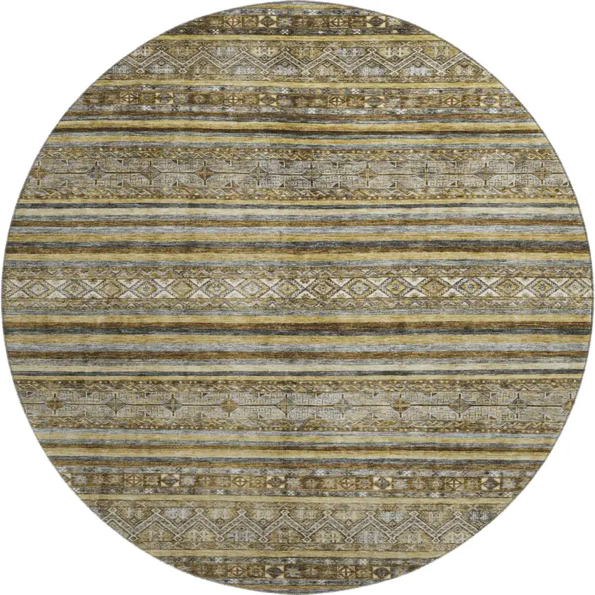 8' Brown Beige And Gray Striped Washable Round Rug With UV Protection Photo 1