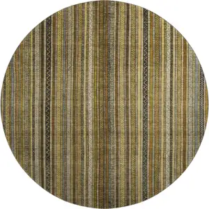 Photo of 8' Brown Beige And Gray Striped Washable Round Rug With UV Protection