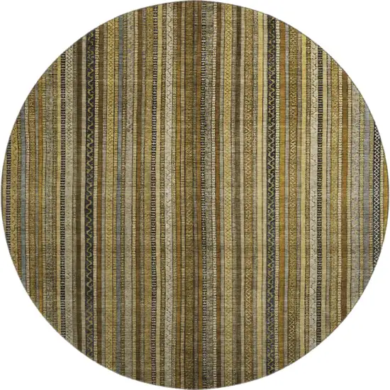 8' Brown Beige And Gray Striped Washable Round Rug With UV Protection Photo 1