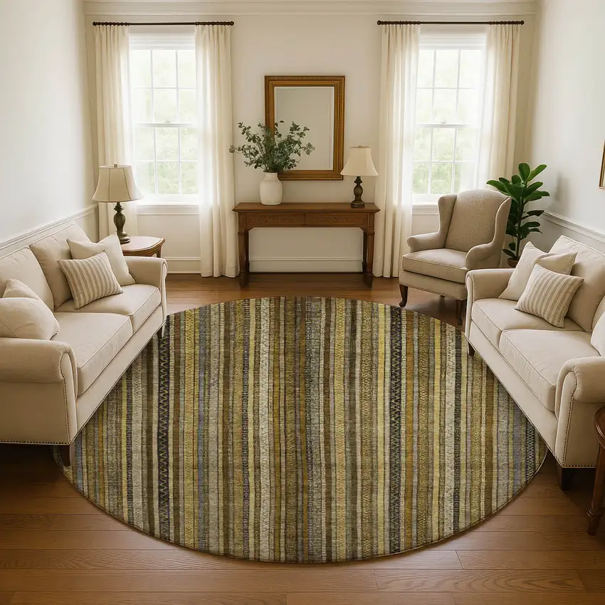 8' Brown Beige And Gray Striped Washable Round Rug With UV Protection Photo 3