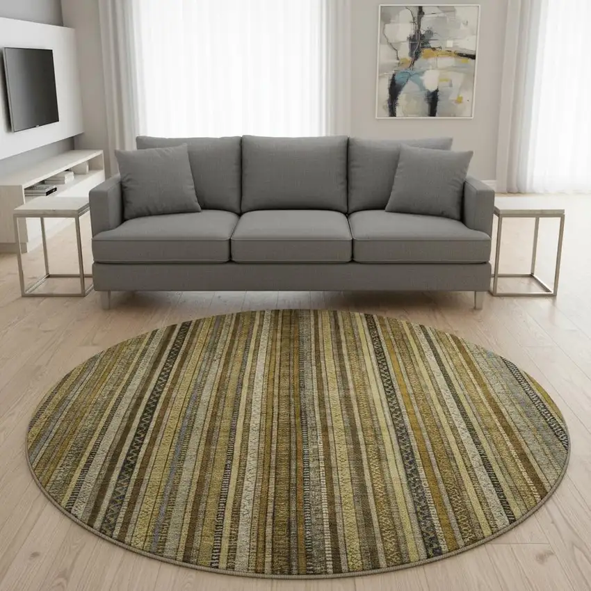8' Brown Beige And Gray Striped Washable Round Rug With UV Protection Photo 2