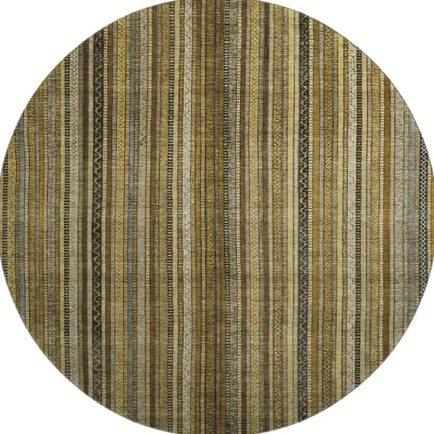 8' Brown Beige And Gray Striped Washable Round Rug With UV Protection Photo 2