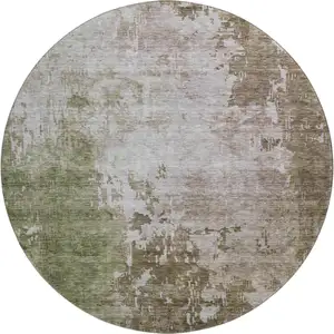 Photo of 8' Brown Beige And Green Abstract Washable Round Rug With UV Protection