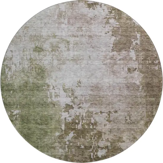8' Brown Beige And Green Abstract Washable Round Rug With UV Protection Photo 1