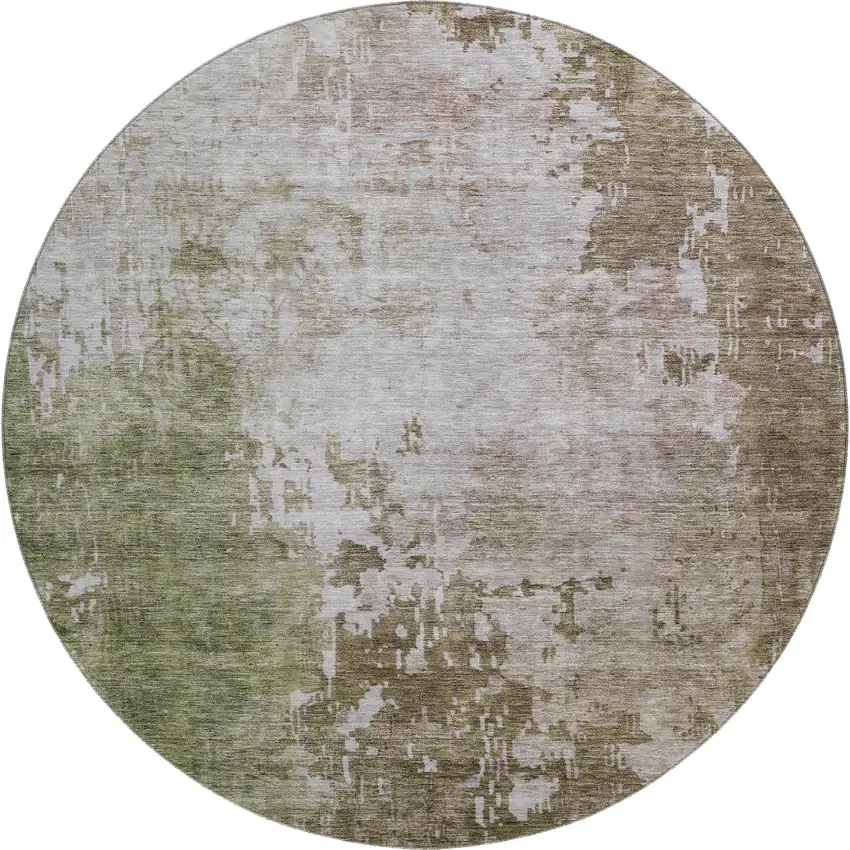 8' Brown Beige And Green Abstract Washable Round Rug With UV Protection Photo 1
