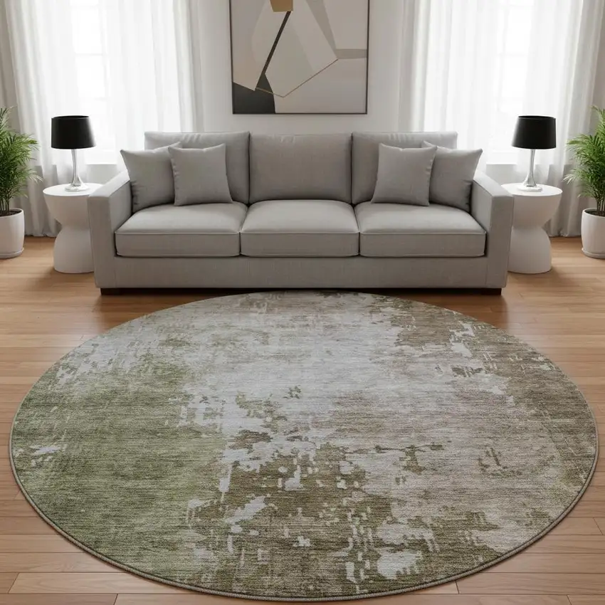 8' Brown Beige And Green Abstract Washable Round Rug With UV Protection Photo 2