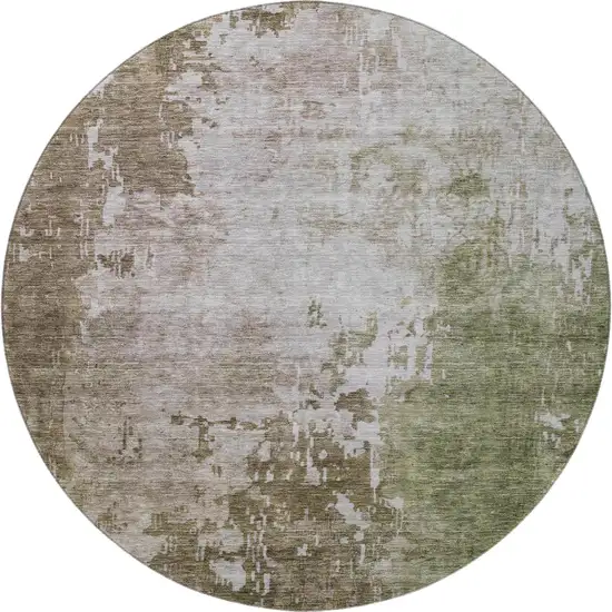 8' Brown Beige And Green Abstract Washable Round Rug With UV Protection Photo 3