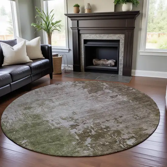 8' Brown Beige And Green Abstract Washable Round Rug With UV Protection Photo 4