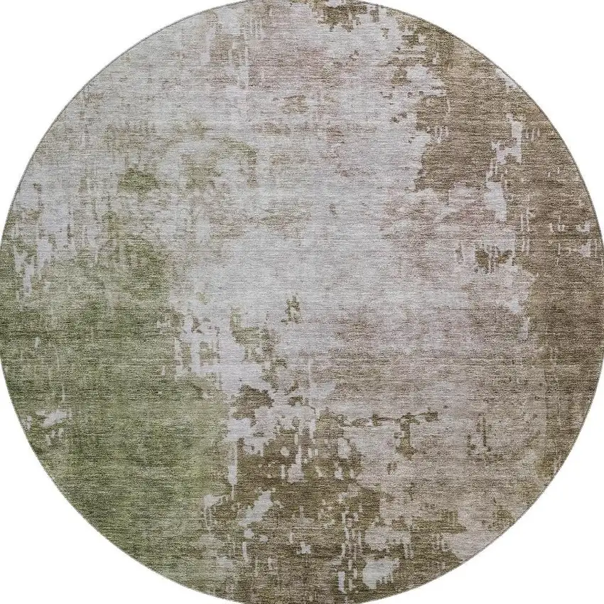 8' Brown Beige And Green Abstract Washable Round Rug With UV Protection Photo 2