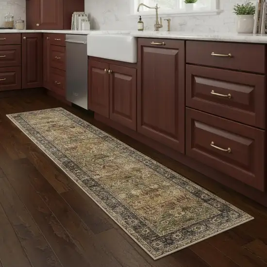 8' Brown Beige And Green Floral Medallion Washable Area Rug Photo 1