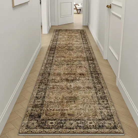 8' Brown Beige And Green Floral Medallion Washable Area Rug Photo 4