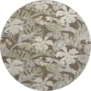 Photo of 8' Brown Beige And Green Floral Washable Round Rug With UV Protection
