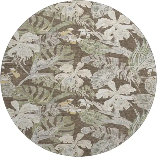 8' Brown Beige And Green Floral Washable Round Rug With UV Protection Photo 1