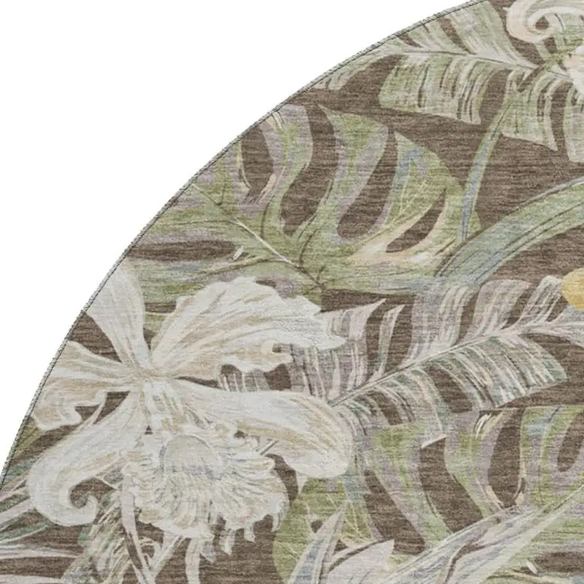 8' Brown Beige And Green Floral Washable Round Rug With UV Protection Photo 2