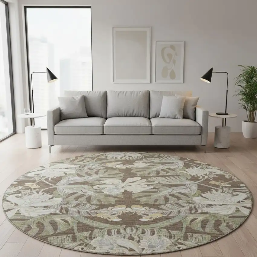 8' Brown Beige And Green Floral Washable Round Rug With UV Protection Photo 2