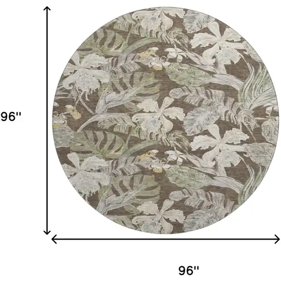 8' Brown Beige And Green Floral Washable Round Rug With UV Protection Photo 9