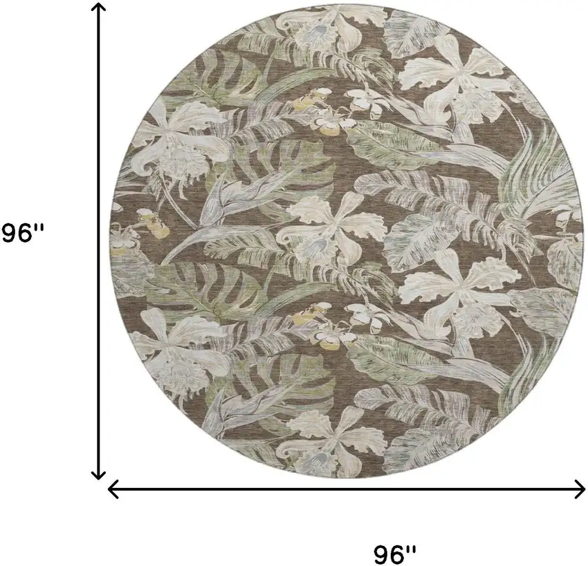 8' Brown Beige And Green Floral Washable Round Rug With UV Protection Photo 9
