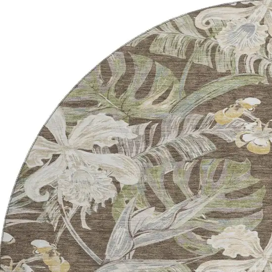 8' Brown Beige And Green Floral Washable Round Rug With UV Protection Photo 3