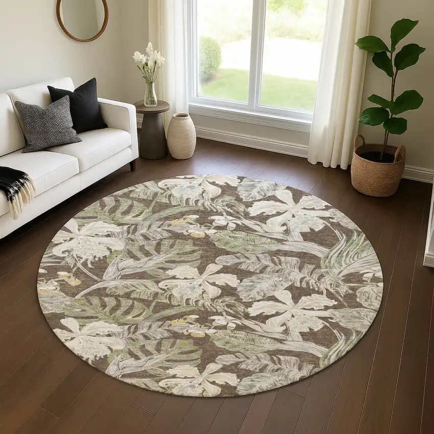 8' Brown Beige And Green Floral Washable Round Rug With UV Protection Photo 4