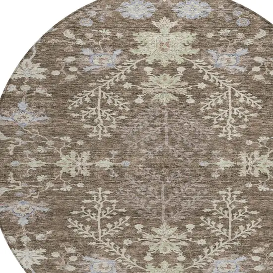 8' Brown Beige And Green Round Floral Washable Indoor Outdoor Area Rug Photo 5