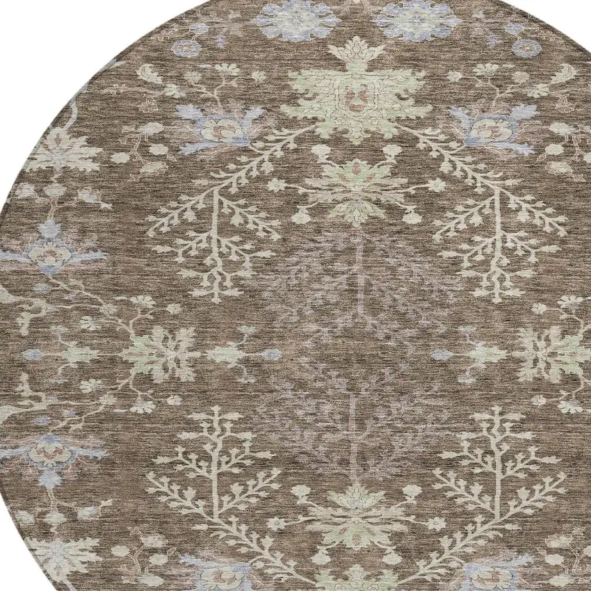 8' Brown Beige And Green Round Floral Washable Indoor Outdoor Area Rug Photo 5